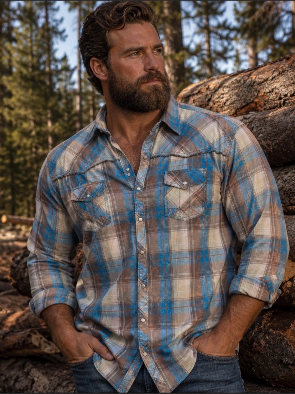 Vintage Blue and Brown Plaid Button-Down Shirt